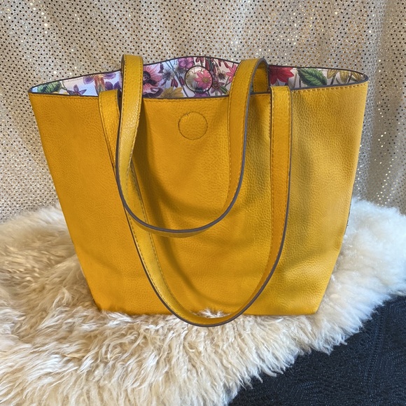 unlabeled Handbags - Reversible leather handbag Vegan purse Floral Print Dandelion Mustard Gold